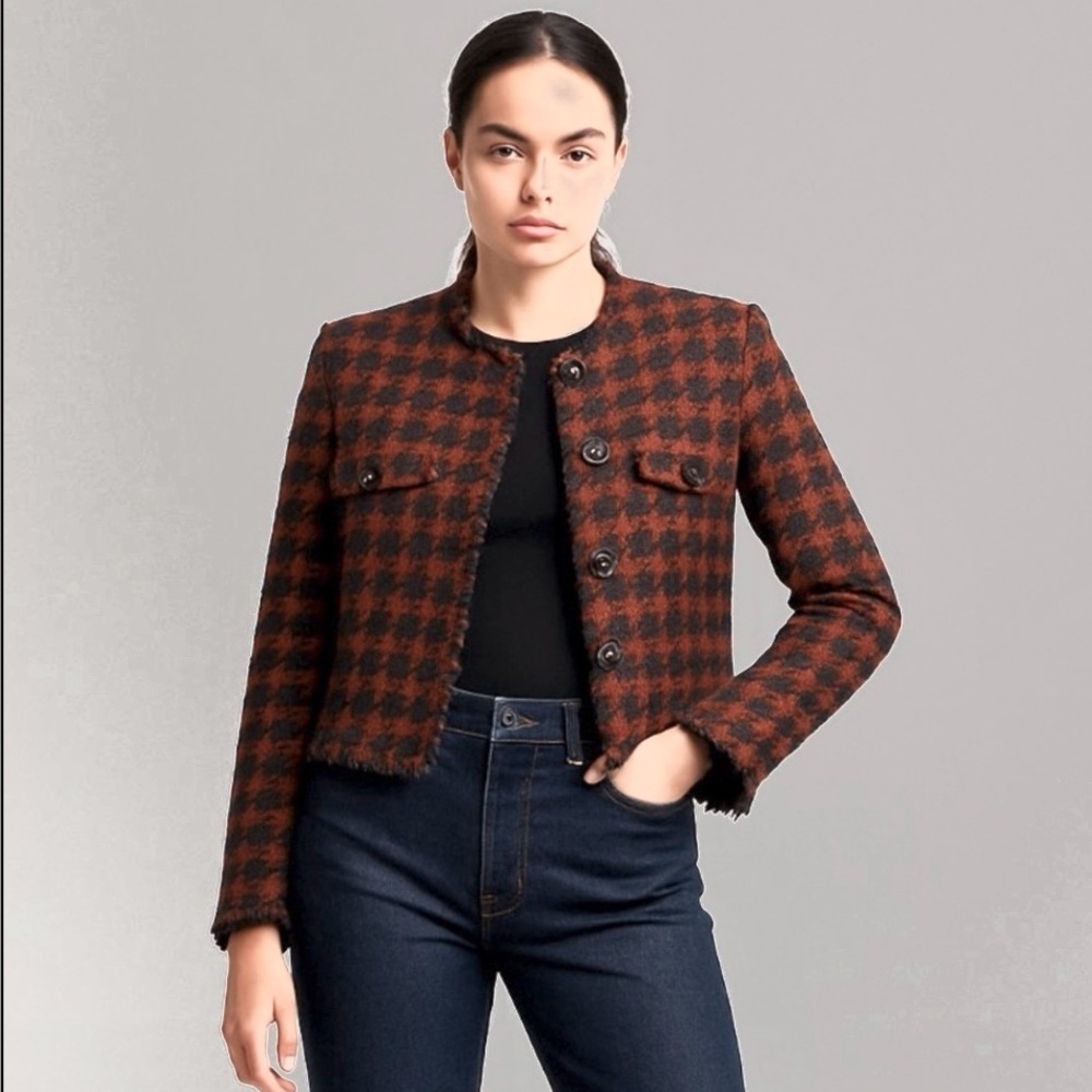 Mango Ivana Dogtooth Tweed Crop Blazer, Citrus/Black,Career Chic Travel Runway M